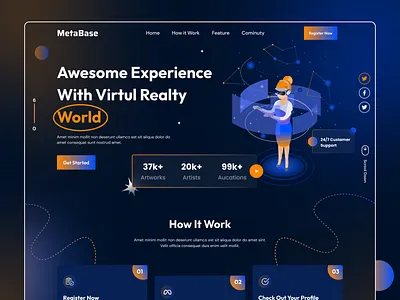 METAVERSE Landing Page artificial bit coin blockchain crypto dark mood design fututstic game gradient illustration landing page metaverse nft product uiux virtual reality vr