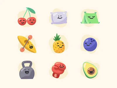 Fitness App Icons avocado bowling ball boxing glove cherries copilot editorial fitness fitness app food hand drawn icons illustration illustrator kettle bell minimal pineapple playful rewards tent vector