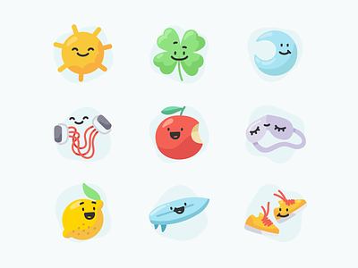 Bright & Healthy Icons apple copilot drawing editorial fitness hand drawn icons illustration illustrator lemon lucky clover moon playful running sneakers sun surf board vector
