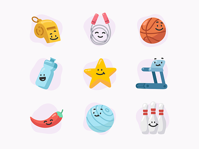Training Hard Icons basketball bowling pins copilot drawing editorial fitness hand drawn icons illustration illustrator jumping rope pilates ball playful running machine star vector water bottle whistle