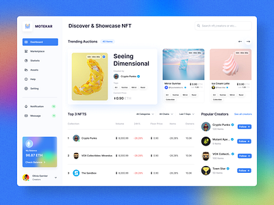 Motekar - NFT Dashboard blue clean crypto dashboard design exploration figma fresh graphic design marketplace nft nft art nft dashboard nft marketplace nft platform ui ux webapp