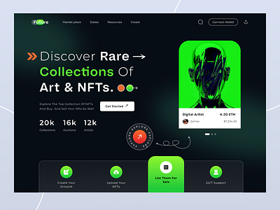 NFT Website Design blockchain card ui cool crypto dark design digital art exploration landing page marketing marketplace nft nft marketplace nft website startup ui web 3.0 web design website