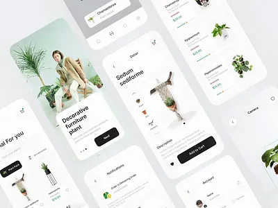 Plant Shop UI Kit Mobile 🌱 animation camera cart checkout clean e commerce ecommerce integration leaf mobile online shop order plants scan scanner shopify shopping store ui ux