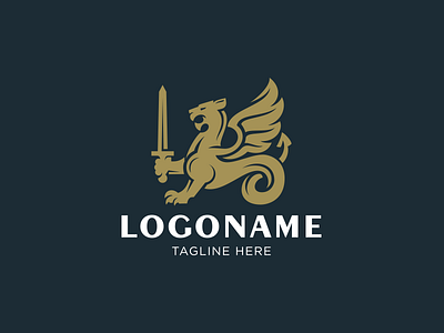Gold Chimera With Sword Logo anivals character chimera coat of arms finance heraldry layer lion logo logotype money power sword zoo