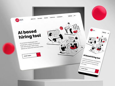 Illustrations & Website for HRizer 2d 3d 3d mockup ai animation artificial intelligence clay clean employee flat hire hr illustration recruitment red ui ux web web design website