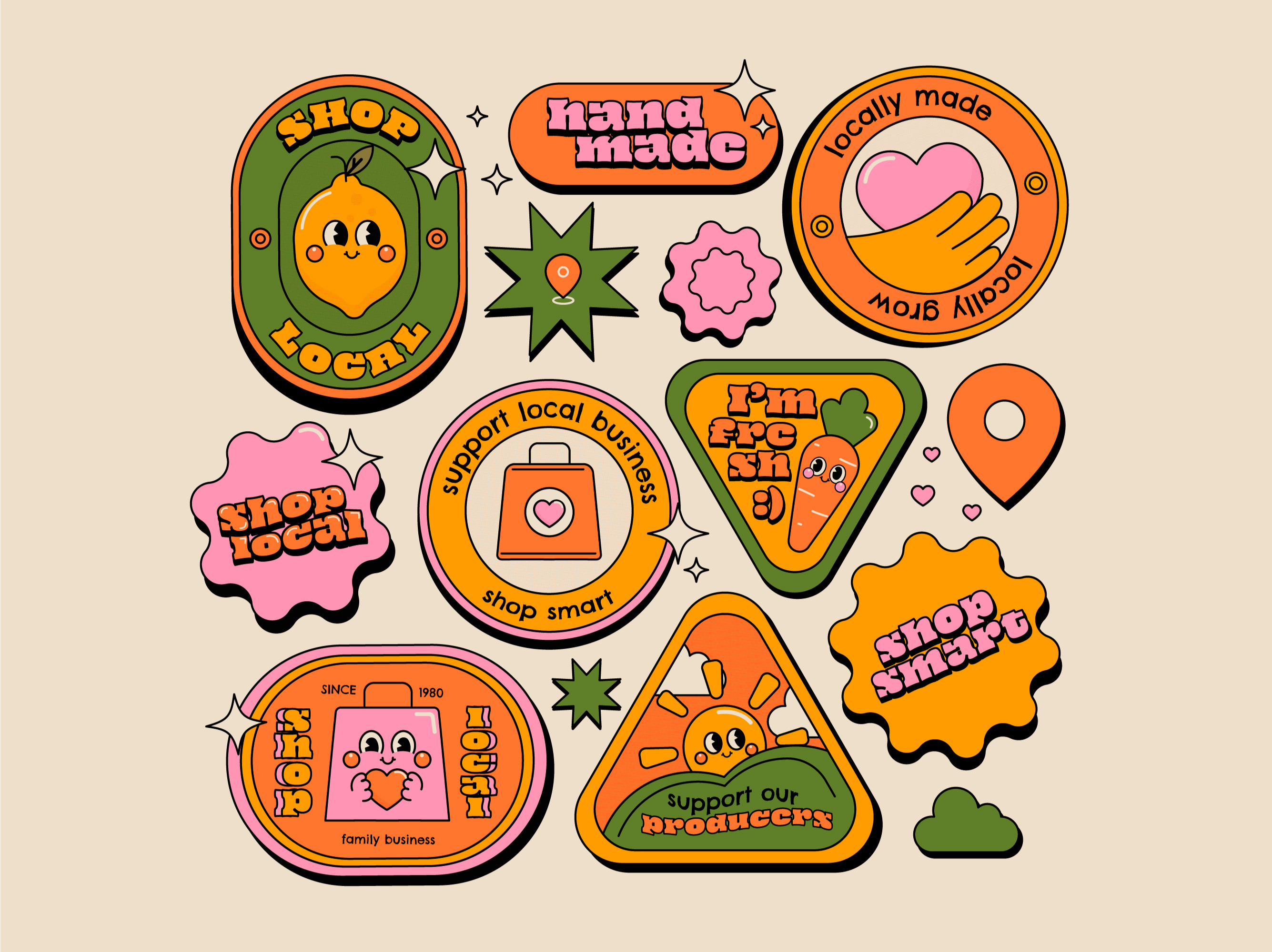 Shop Local Badges 🛍️ 2d art badge flat freebie fresh made hand made illustration label local producers locally made made with love old cartoon shop local shop smart sticker stroke illustration support small business vector vector art