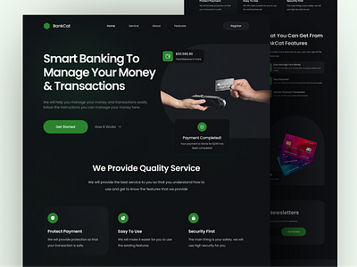 BankCat - Banking Finance Landing Page bank bank card bank landing page banking banking app dark debit digital banking finance finance app finance website fintech investment landing page loan money stock stock website transaction wallet