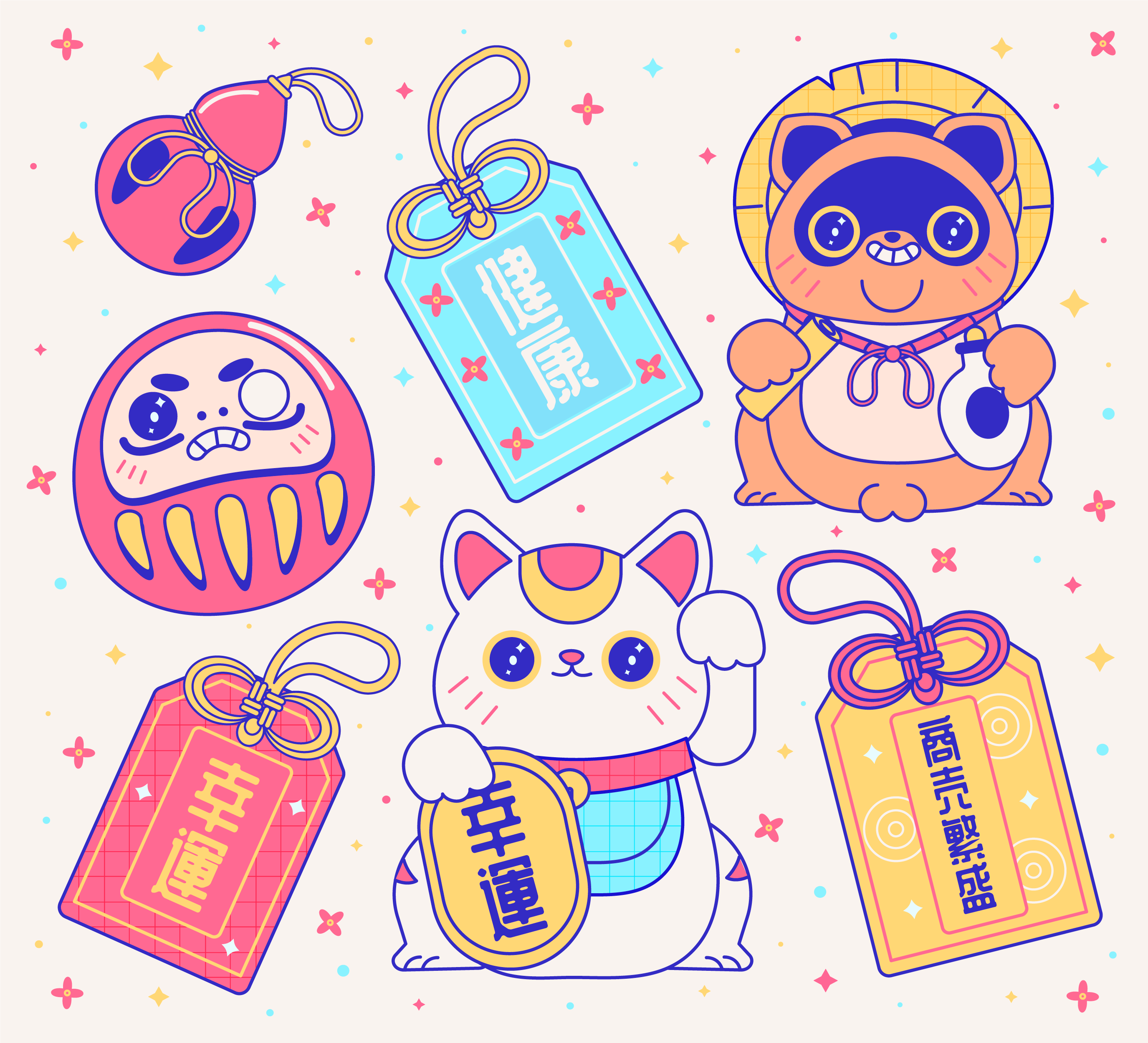 Amulets🤞 2d art amulets asian amulets charms cute daruma doll flat freebie illustration japan lucky maneki neko tanuki vector