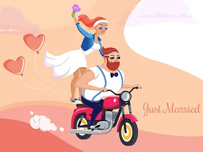 Wedding motorcycle character design cute design flat illustration girl character illustration love man character married spring vector