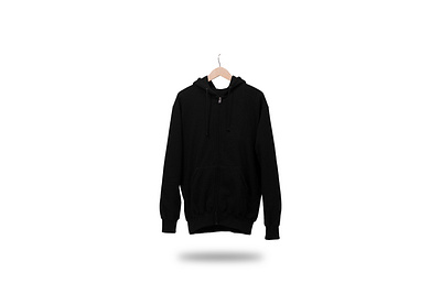 Black zip hoodie on wood hanger apparel black branding clothes clothing cotton creative fleece floating hanger hoodie image jacket mockup sweather