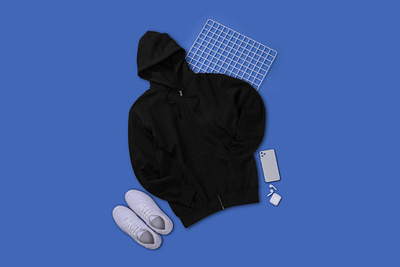 Black zip hoodie flatlay concept apparel black branding clothes clothing cotton creative fleece hoodie illustration image jacket mockup sweather top view