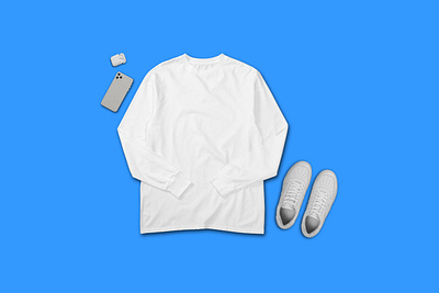 Creative flatlay white longsleeve t shirt apparel background blank clothes clothing concept cotton creative fashion flat front isolated longsleeve mockup shirt t shirt tee top view white