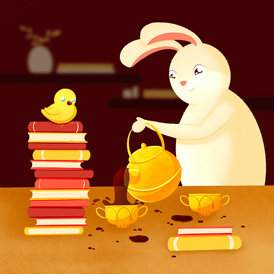 Cozy cup bright chick childrens book cup of tea cute design illustration kids illustration photoshop rabbit