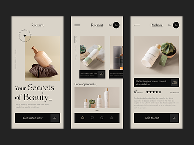 Radiant- Beauty products app android app app design beauty product beauty product app beauty shop cosmetic cosmetic app design ios luxury minimal mobile app organic product trendy trendy app ui ui design uidesign uiux