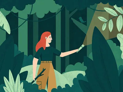 Explore adventure character exploring forest girl green illustration jungle motion design plants texture trees woods