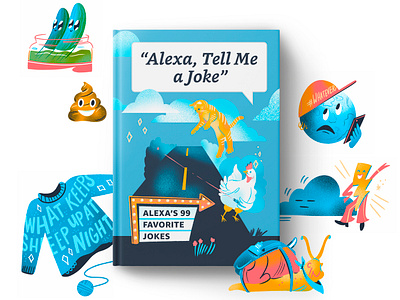 Illustrations from "Alexa, Tell Me a Joke" book cover book illustration childrens book design drawing editorial editorial illustration funny gradient illustration joke book jordan kay kids book limited color noise spot illustration texture