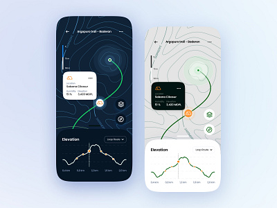 Trails Navigation App - Adventure Guidance activity adventure card clean design equipment hike hiker hiking map minimalist mobile app mountain nature navigation plan preparation track trail ui