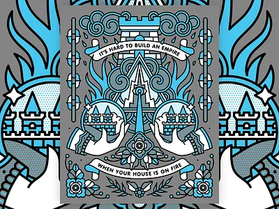 It's Hard to Build An Empire When Your House Is On Fire castle eye fire flash sheet flowers halftone hand illustration mental health rain tattoo tower