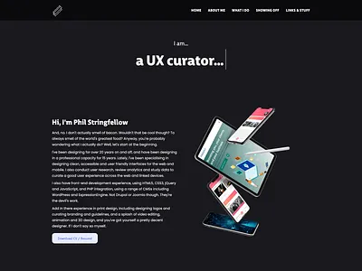 Personal Portfolio WIP color css dark design frontend homepage html interface jquery landing page mobile personal portfolio smartphone typography ui ux web webdev website