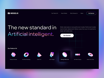 Artificial Intelligent Landing page - Nixus.AI 3d 3dobjects ai artificial blue dark desktop gradient intelligent landing landingpage mode nixus page product design purple theme ui vr website