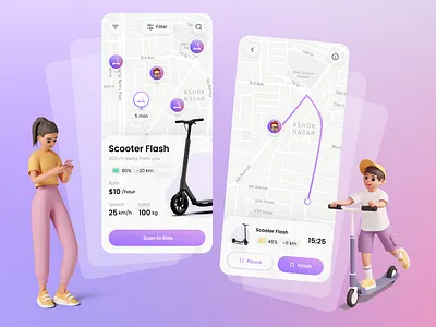 E-scooter Mobile App 3d app bike car city design drive gradient illustration interection mobile popular rent ride scooter stylish trendy ui ux webdesign