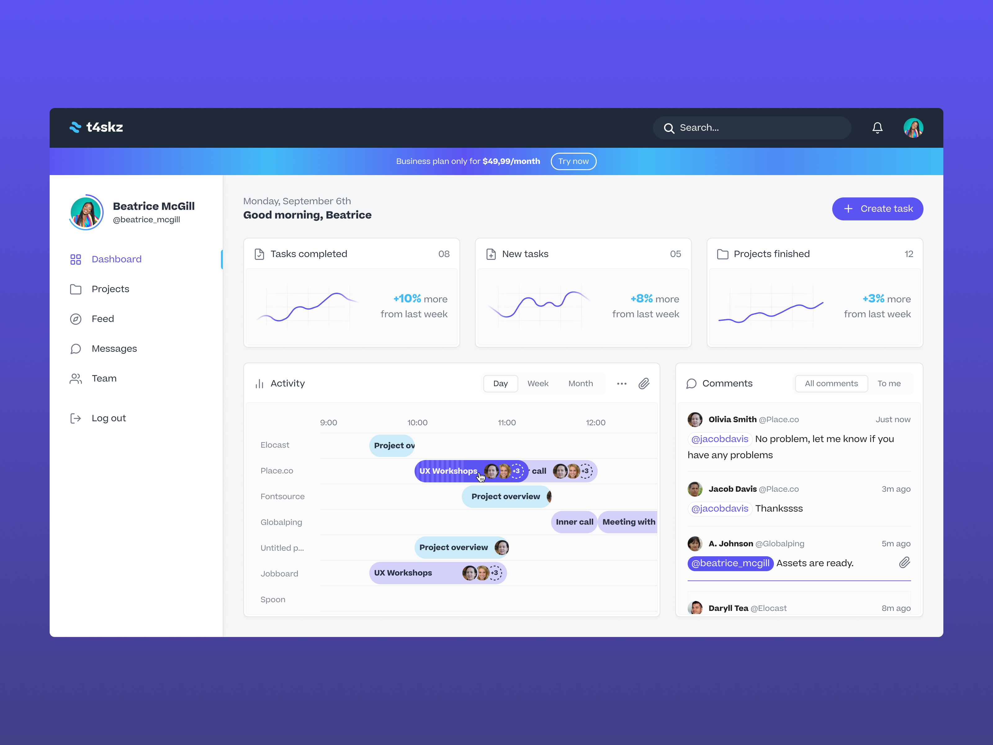 t4skz chat comments dashboard graph interaction interface roadmap stats task tasks ui ux