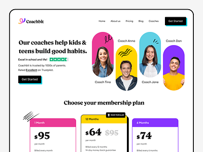 Coachbit SaaS kids training platform branding coach colorful community design friendly illustration landing page logo modern playful pricing product saas skills ui webflow webflow design webpage website