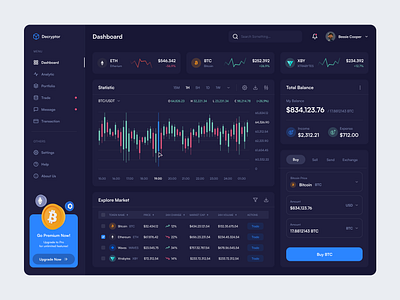 Decryptor - Dashboard assets bank bitcoin crypto crypto exchanger cryptocurrency dark theme dashboard fintech interface minimal ui ux wallet web design