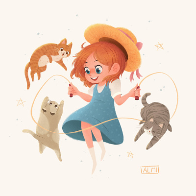 Skip rope with stray cats animals cats character character design childrens illustration color cute girl graphic design illustration kids procreate texture