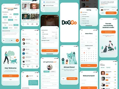 DogGo - App Screens 🐩 animal app branding cards design dog dog walking dogs drawer filter hourly illustration logo rate search ui user profile ux walking