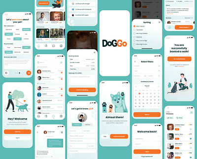 DogGo - App Screens 🐩 animal app branding cards design dog dog walking dogs drawer filter hourly illustration logo rate search ui user profile ux walking