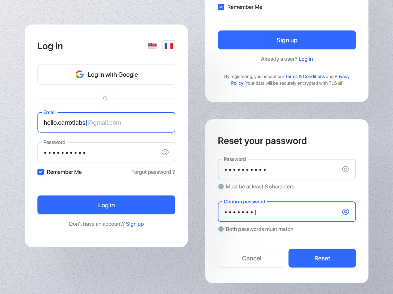 Log in & Sign up screens ( + reset password) cards design change password component confirm email create account forgot password form input log in login mobile ui modals onboarding popover registration reset password sign in sign up signin ui