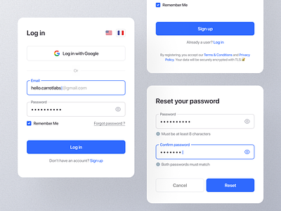 Log in & Sign up screens ( + reset password) cards design change password component confirm email create account forgot password form input log in login mobile ui modals onboarding popover registration reset password sign in sign up signin ui