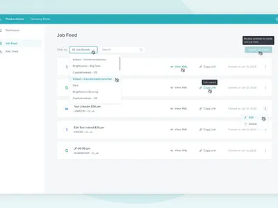 Product Screens for Web Feed Upload candidates competitors research hire info interface job feed job finder list ui uxui web design
