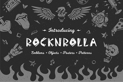 Rocknrolla branding clipart clothing design electric guitar elements emblem fire graphic design heavy metal logo objects icon oldschool pattern poster rock font rock music rock n roll stickers vector texture vintage