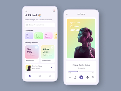 Podcaster - Podcast App app design audio app broadcast clean gradient illustration listen minimal mobile app mobile app 2022 modern music player new mobile app podcast podcast app podcasting typography ui