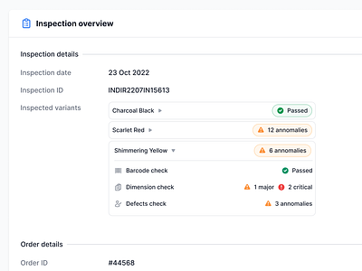 Quality Control Report - Inspection Overview accordion figma nested groups overview product design quality control report saas status ui ux design uxui web