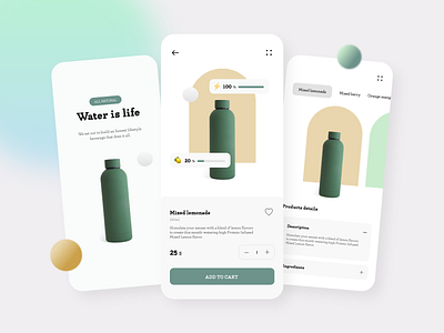 Mineral Water App 3d app app design application bottle circle clean clean design design gradiant green identity life minimal ui ux water water bottle