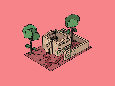 The Alamo 18th century 3d 90s cartoon alamo church flowers illustration mission plot road san antonio spanish trail trees vines western