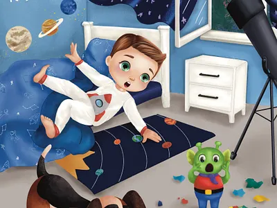 Unexpected visit alien board game book illustrations character design childrens book illustrations dog illustration kids book illustrations ufo