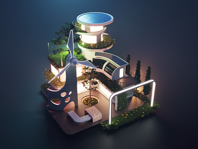 Solarpunk 3d blender building diorama futurism house illustration isometric render scifi solarpunk utopia