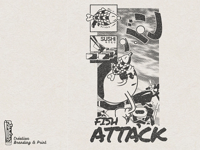 FISH ATTACK ILLUSTRATION anime fish illustration japan retro sushi tokyo vintage