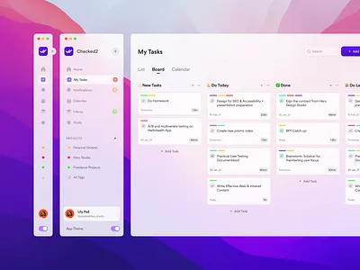 Checked2 - Task Management App - Light Theme app board calendar dashboard desktop focus light list mac macos management mode product design purple task theme time todo ui website