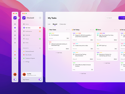 Checked2 - Task Management App - Light Theme app board calendar dashboard desktop focus light list mac macos management mode product design purple task theme time todo ui website