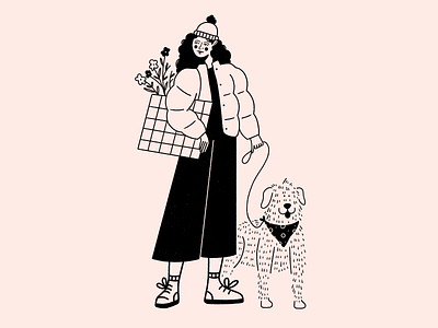 Dog Mom Doodle black and white design dog dog mom doodle flowers hand drawn illustration illustrator line art people pet procreate simple winter woman