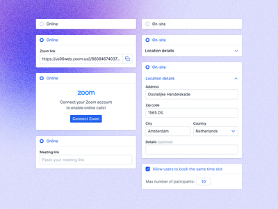 Meeting/interview type components address call connect design system field input field interview link meeting meeting type on site online online call participants radio settings text field ui zoom zoom call