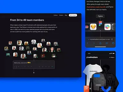 Pixelmatters' 2021 Year in Review • Landing Page Detail Shot animation annual report branding design development front end front end development landing page marketing onepage parallax product product design ui ui design uiux ux ux design webflow year in review