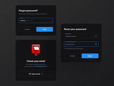 Forgot / Reset password flow cards design confirm email dark dark theme email error forgot password input state link mobile ui modals open email password pop over pop up reset password sign in ui