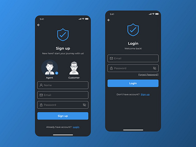 Insurance agency login & sign up app UI agency agent app app design client dark mode design english insurance ui ui deisgn