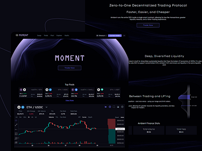 MOMENT - Online Trading Platform assets blockchain crypto cryptocurrency dark themed defi defi exchange eth finance landing page liquidity online trading token swap trading transactions usdc ux web3 website yield farming